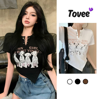 Áo Croptop CÚN ROMN GIRL Vạt Nhọn Hở Eo Chất Thun Gân Kiểu Sexy Nữ, Áo Thun Phối Móc Cài Cổ Khoét V Ôm Body In TOVEE