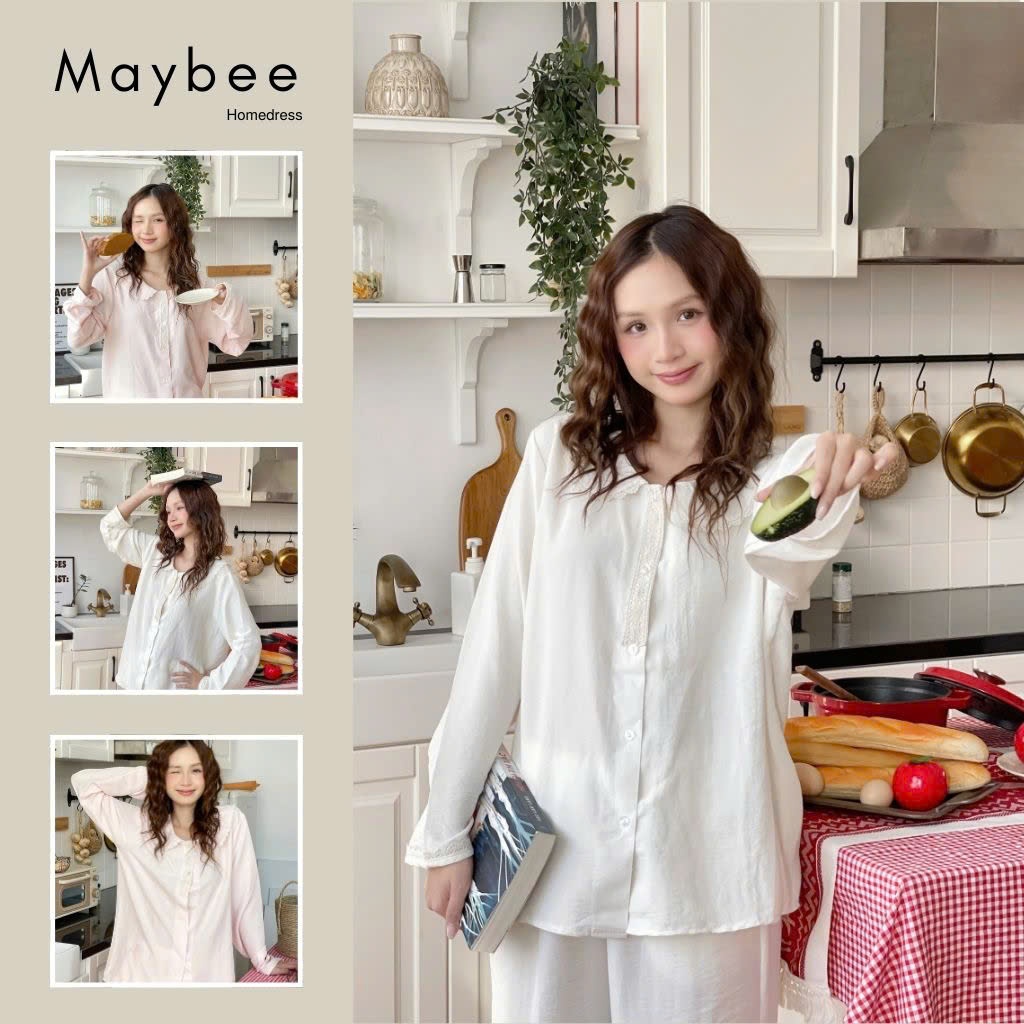 Maybee.Homedress Bộ Ngủ Dài Tay Cổ Sen Phối Ren Nẹp Cúc – Mềm Mịn, Thanh Lịch, Thoải Mái