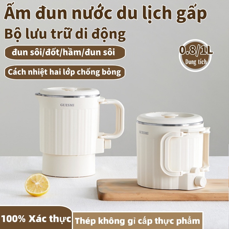 Ấm siêu tốc gấp gọn GUESMI 1000ml, ấm điện mini cách nhiệt du lịch cầm tay (chống bỏng, tự động tắt 