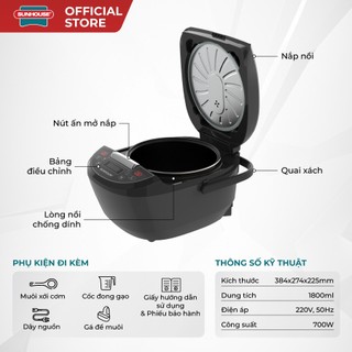 Nồi cơm điện tử 1.8L Sunhouse SHD8909B - 6 chế dộ, giữ ấm  12 tiếng - Mâm nhiệt lớn, cơm dẻo, chín đều