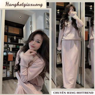  Bộ thu đông nữ,đồ bộ nữ áo len chui cổ tim dài tay phối lông vũ mix chân váy chữ A dáng dài tone màu hồng xinh HCOM3658 