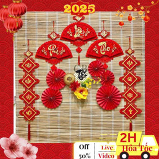 Trang Trí Tết 2025 Ất Tỵ, Set Decor Treo Nhà Cửa Kính, Combo Đồ Phụ Kiện Khánh Quạt Ông Thần Tài Lắc - Quạt Hoa Câu Đối