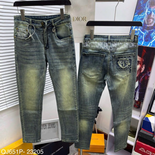  Quần jean nam CD trơn xanh bụi mài thêu logo xù túi sau in vân chữ mông basic QJ651P 