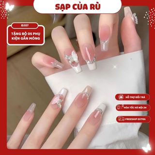  Đ207 Móng tay giả DÀI FORM THANG bộ 24 móng phen trắng charm bướm làm nail đón TẾT NAIL LỄ HỘI 