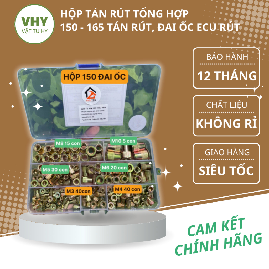 Hộp 150 - 165 tán rút, đai ốc Ecu rút, Hộp Tán Rút Tổng Hợp Thép A8, mạ crom