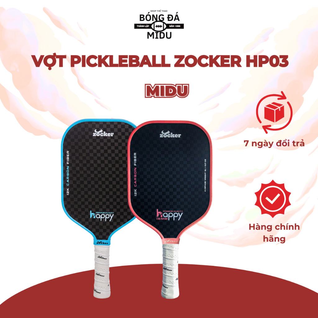 Vợt Pickleball Zocker HP03 - Carbon 12K Fiber- Dòng Cao Cấp- Tặng Bao, Dán Viền, Cuốn Cán