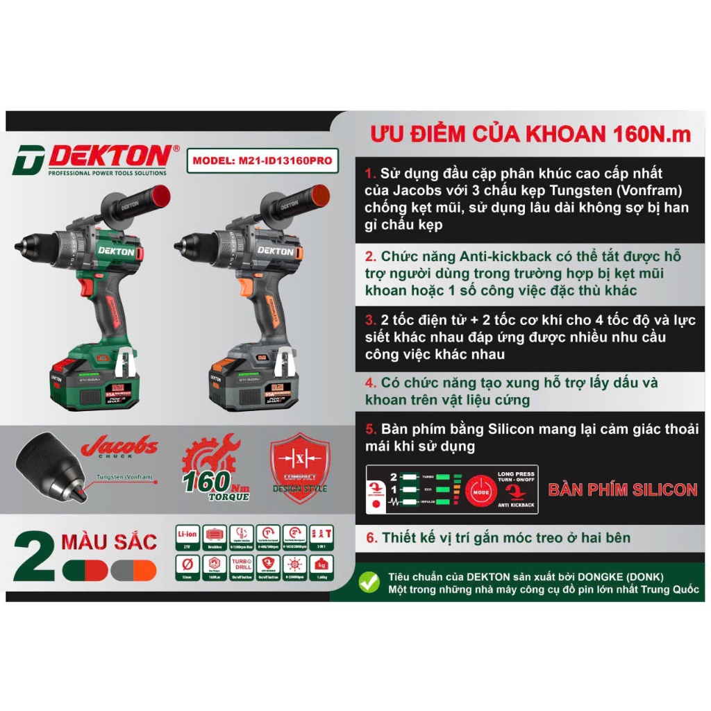 Máy khoan sử dụng pin DEKTON M21-ID13160PRO ( chưa pin và sạc)