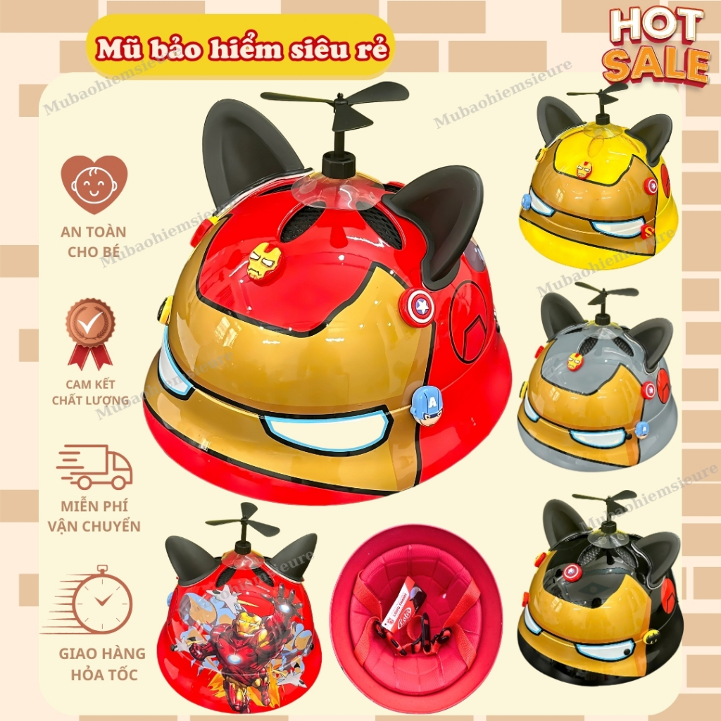 Nón bảo hiểm cho bé vành tròn hình siêu nhân IRON MAN, kèm quà tặng kèm chính hãng Lota Helmet BH 12