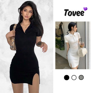 Đầm Tay Ngắn CỔ POLO XẺ Trước Phối Nút Chất Gân Đẹp BM00_BM139, Váy Cổ Bẻ Ôm Body Dáng Ngắn Kiểu Trơn Tôn Dáng TOVEE