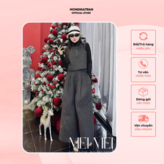   không kèm áo đen  Set dạ nữ thu đông áo gile 3 cúc phối quần dài ống rộng màu xám HONG MAI TRAN ST16652 
