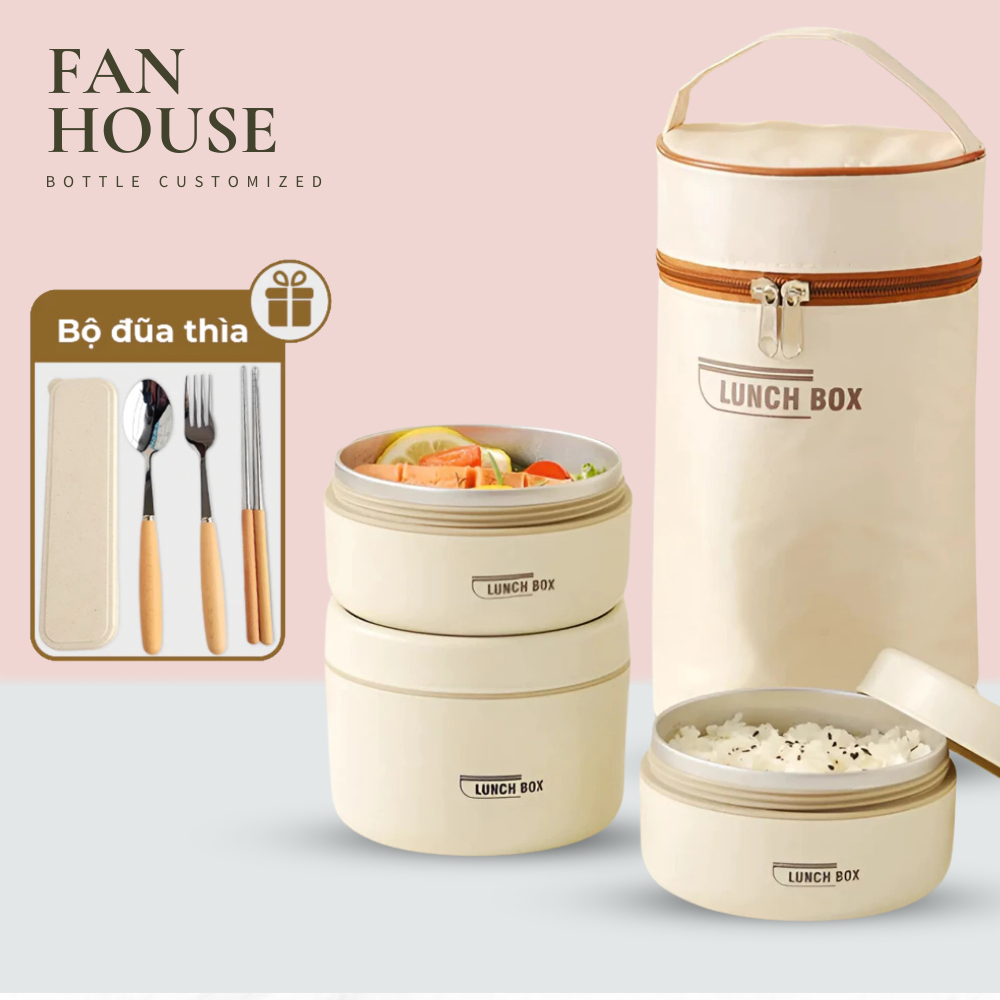 Hộp cơm giữ nhiệt 3 tầng Lunch Box 1500ml hộp đựng cơm inox 304 Fan House tặng bộ đũa thìa, túi giữ nhiệt