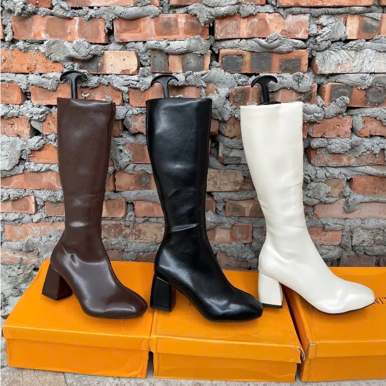 BốT Nữ Boot Đùi Cổ Cao Da Bóng Có Khóa Cạnh Gót Vạt 7 Phân Cao Cấp (Có Mẫu bắp nhỏ và bắp to)