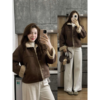 Áo khoác da lộn dáng ngắn, lót lông cừu cao cấp, basic Hàn Quốc
