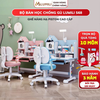 Bàn Học Sinh S68 Lumili - Bàn Học Cho Bé Chống Gù Ghế Nâng Hạ Piston, Bàn Có Kệ Sách Cao Cấp