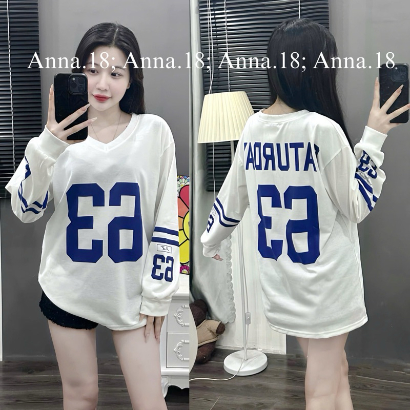 Áo phông cotton khô 3158 dài tay in số (63) form rộng Top Nữ Women Trắng