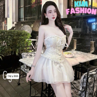 Sét áo cúp ngực corset đính nơ ngực có mút phối chân váy voan lưới xoè sang chảnh Kim Fashion, Sét áo gấm viền bèo xinh