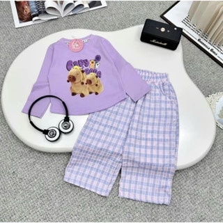 Bộ Đồ Quần áo dài 2 màu Capybara kết hợp với quần sọc hồng siêu dễ thương