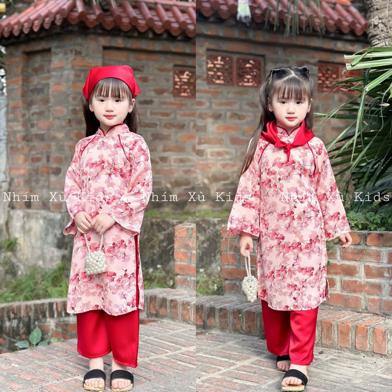 [4-28kg] Sét Áo Dài Cách Tân Hoa Đỏ NHÍM XÙ KIDS Chất Lụa Mango Cho Bé Gái 6 Tháng - 8 Tuổi AD140