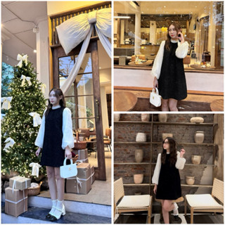  THE2001STORE | Váy nữ dáng ngắn chất dạ Tweed ánh nhũ tay voan bồng cổ tròn đính đá phong cách tiểu thư sang chảnh 