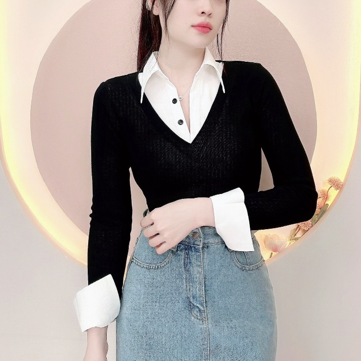  Áo thiết kế sơ mi cổ trắng phối thun hottrend thu đông kiểu dáng trẻ trung sang trọng sơ mi đi tiệc đi làm LAMO - B1368 