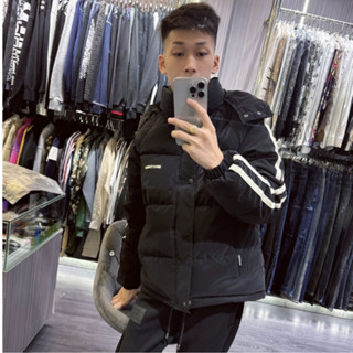 Áo Khoác Phao Nam Hai Sọc 409 Thời Trang Nam Màu Đen Chất Gió Trần Bông Trơn Phối Mí Chi Tiết Tay