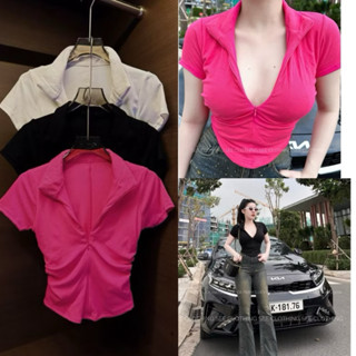 [Hot] ÁO KIỂU CỔ V BẺ NHÚN PHỐI DÂY KÉO GIỌT NƯỚC-Áo thun  dáng croptop có thắt eo , nhún, tay ngắn ôm body Chizishop