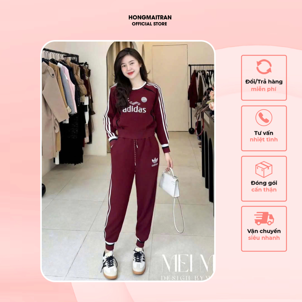  Set đồ nữ thu đông áo thun dài tay dáng ngắn in hình phối quần bo chun kẻ line trắng thể thao HONG MAI TRAN ST16693 