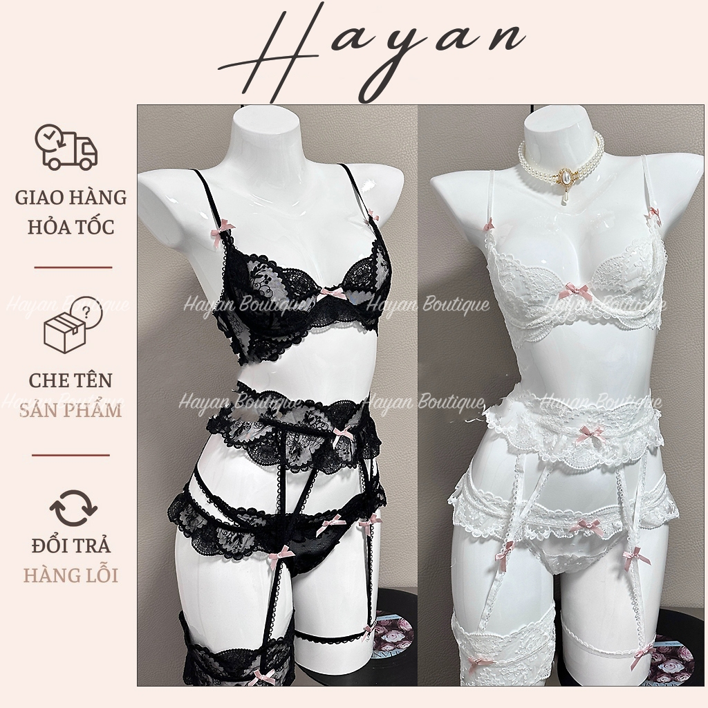 HT274 Set cosplay nội y ren, bộ đồ lót lingerie bralette kèm dây đai nối đùi gợi cảm HT274