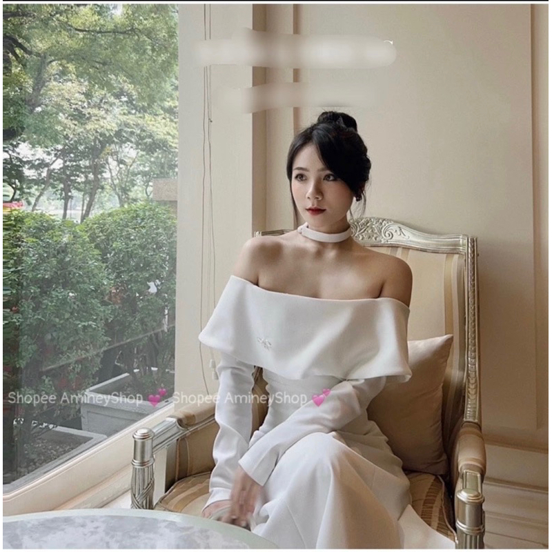 đầm trễ vai dáng dài dự tiệc , đầm trắng dự tiệc trễ vai , váy đám cưới , váy đi tiệc sẵn hàng .