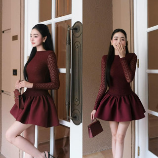 Đầm váy ren lưới dài tay chân váy tafta bồng xòe dáng ngắn ĐỎ ĐÔ DNC MAY LẠI XƯỞNG, Váy dài tay lưới nữ noel lipu