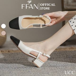  Giày nữ hở gót mũi vuông đế vuông  da thật  slingback UCC FFAN STORE cao gót bít mũi quai cài 3 phân màu đen be trắng 