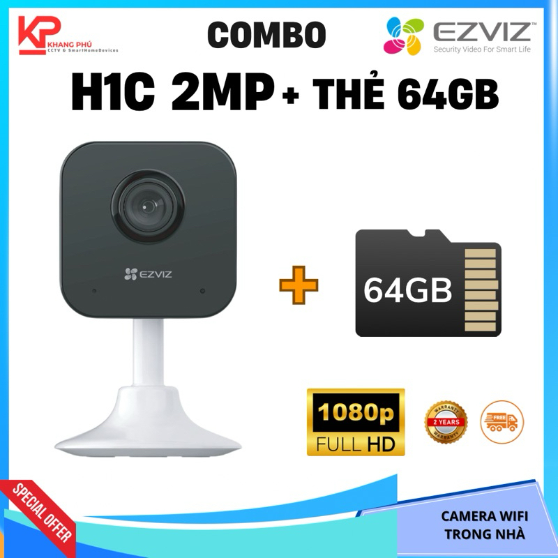 [2025] Camera H1C Ezviz 2MP + Thẻ 64GB, camera mini nhỏ gọn, góc rộng, camera wifi trong nhà.