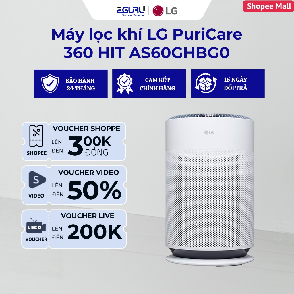 Máy lọc khí LG PuriCare 360 HIT AS60GHBG0 (60m²) - HÀNG CHÍNH HÃNG - BẢO HÀNH 24 THÁNG