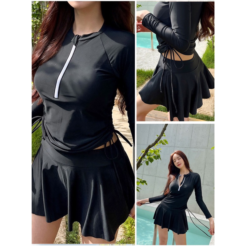 Size M-3Xl- Đồ bơi tay dài khoá kéo rút eo sành điệu- Đồ bơi tay dài áo váy kín đáo- shopnabi | BigBuy360 - bigbuy360.vn