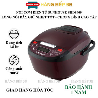 Nồi cơm điện tử chống dính 1.8 lít sunhouse shd8909 - 6 chức năng nấu - bảo hành 12 tháng