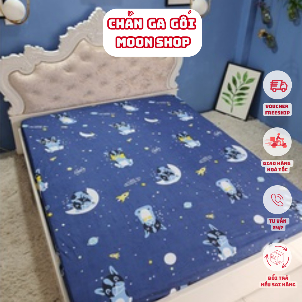 (Xả hàng) Ga (Drap) chống thấm cotton TPU cao cấp mẫu Chó mặt trăng cho gia đình có trẻ nhỏ, người g