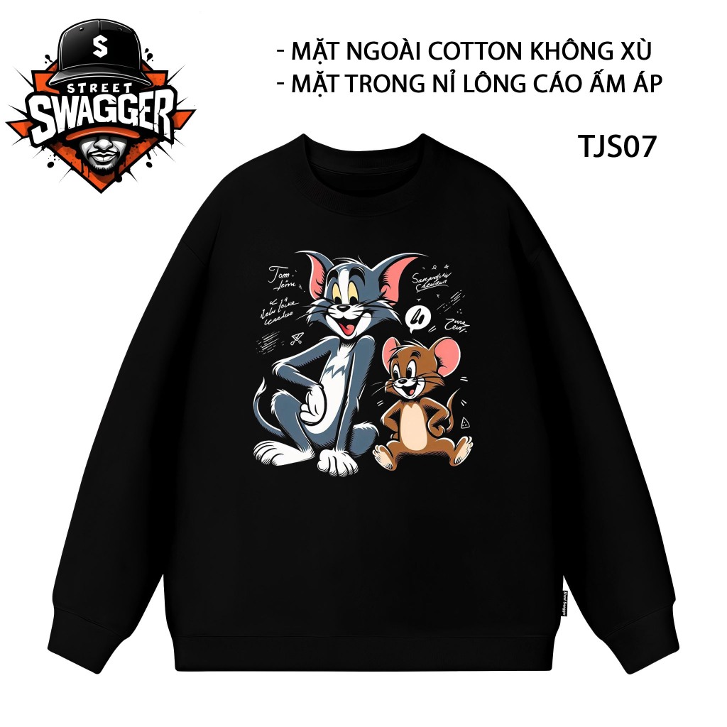 Áo nỉ lông cáo Sweatshirt Street Swagger Brand, Áo nỉ hoạt hình Tom and Jerry, Áo nỉ Unisex TJS07