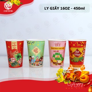 SET 100c Ly Giấy Cốc Giấy 16oz 450ml TẾT 2025 Happy New Year, Siêu Đẹp Cute quán Cafe, Nước Ép v.v.