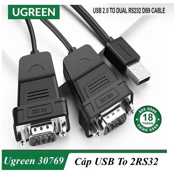 Cáp chuyển USB to 2 RS232 Ugreen 30769 US229 (USB 2.0 to 2 com 9 chân Male - Male,dài 1,5met)