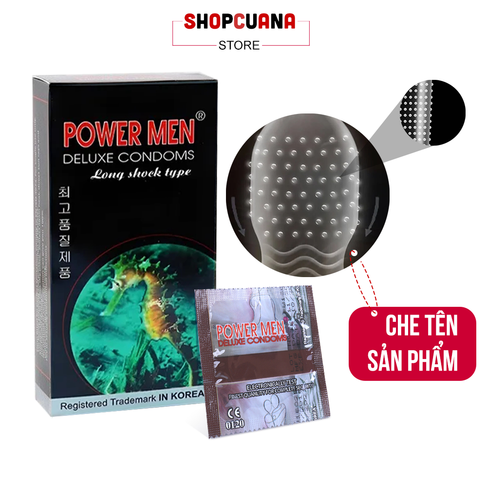 Bao Cao Su Power Men Long Shock Type (Hộp 12C) - Bcs Gân Gai & Siêu Mỏng, Nhiều Gel, Size 52mm