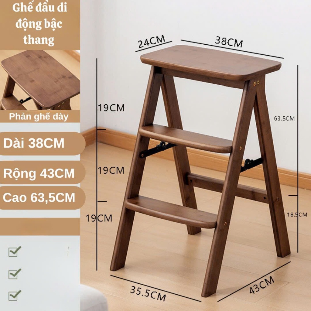 Ghế thang gấp gọn gỗ nguyên khối, ghế thang đa năng xếp gọn, ghế thắp nhang, ghế xếp thang 3 bậc chắ