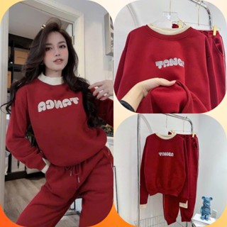 Set trang phục Nữ Nỉ Đỏ TANGA Áo Nỉ Bông tay dài Phối Bo Viền Kem Mix Quần Dài Boom Gấu