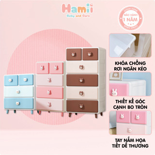 Tủ Quần Áo Cho Bé Có Ngăn Kéo 3,4,5 Tầng Hình Gấu Xanh Thỏ Hồng Gấu Nâu Họa Tiết Dễ Thương, Nhựa PP Cao Cấp