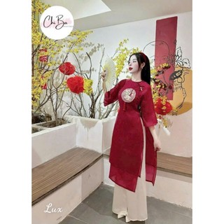 Áo dài gấm Tết tay phồng phối nút- alohashop91