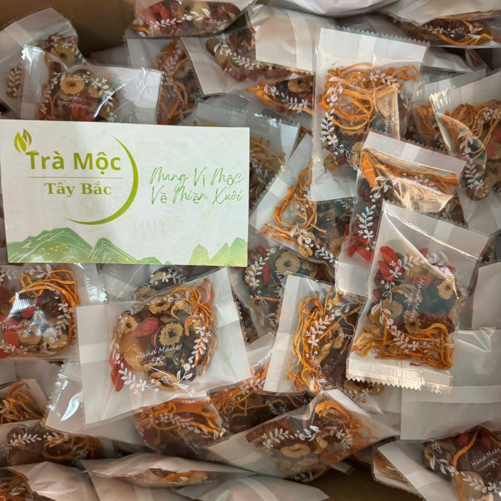 Lẻ 10 Gói Trà đông trùng tứ vị hàng tự mic chuẩn 4 vị (nấm đông trùng hạ thảo, táo đỏ, kỷ tử, long nhãn) Trà Mộc Tây Bắc