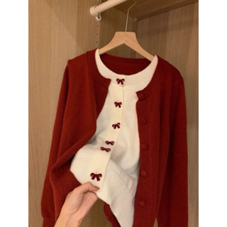 Áo Len Cardigan Giả 2 Lớp, Cúc Nơ Màu Đỏ Chất Dày Dặn Tocjean