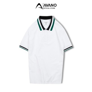 Áo thun có cổ nam trắng xanh lá AVANO vải Pique Cotton mắt chim mềm mịn thoáng mát không bai xù PL02
