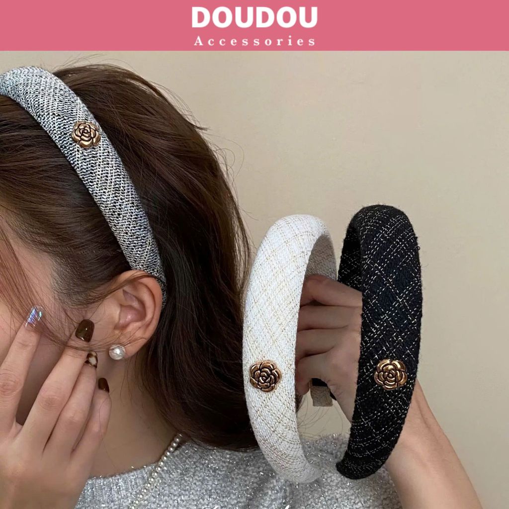 Băng đô cài tóc Doudou Cài tóc vải tweed Cài tóc nữ hoa sơn trà Bờm cài tóc Bờm tóc nữ Bờm nữ FG065