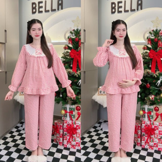 [ BỘ DÀI ] ( 40 - 95kg ) Đồ Bộ Bầu Tay Dài Mặc Nhà Và Sau Sinh Caro Không Gây Kích Ứng Cho Da, Áo Có Khóa Ti, Quần Chun