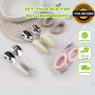  Set Thìa Nĩa Tập Xúc Inox BABYSI Tay Cầm Uốn Cong Cho Bé Tập Ăn Dặm   Có Hộp  
